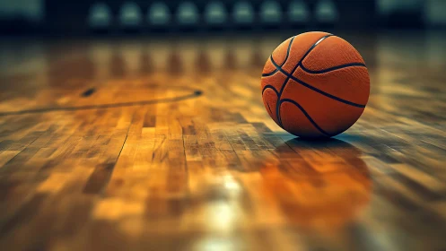 Orange basketball rests on glossy hardwood court with shallow focus