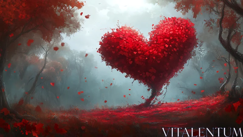 Giant Red Heart Floating in Misty Forest with Falling Petals.