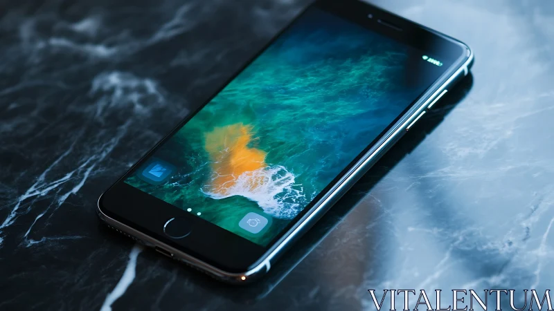 Smartphone displaying coastal water imagery on textured surface