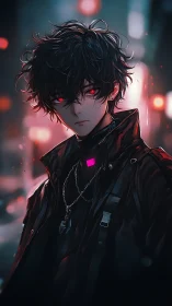 Dark-haired figure with red eyes in neon-lit urban setting.