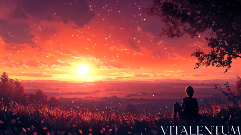 Solitary figure watching vivid sunset over valley.