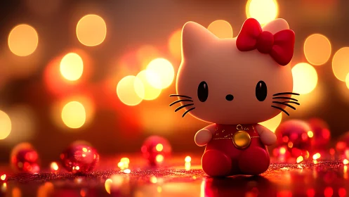 Cute cat figurine in red outfit with warm festive lights.