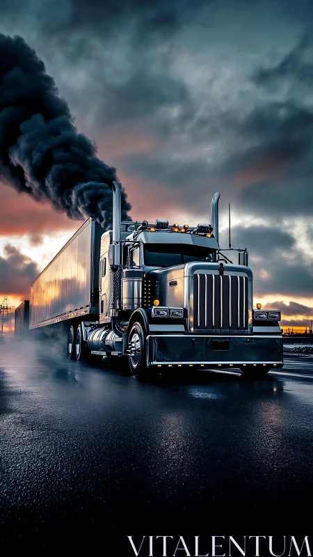 Chrome semi truck powers through stormy dusk on wet highway
