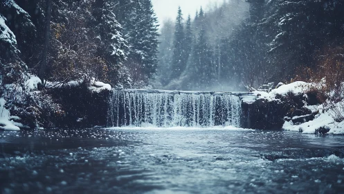 Snowfall over forest waterfall and quiet winter river.