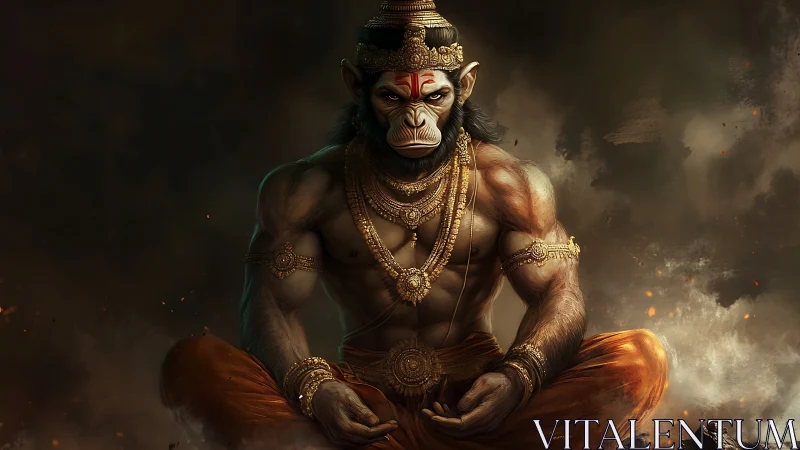 Mythic monkey warrior sits in stormlit meditative stillness.