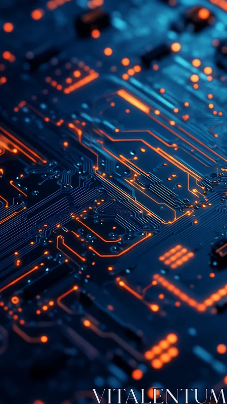Glowing blue circuit board with orange data pathways.