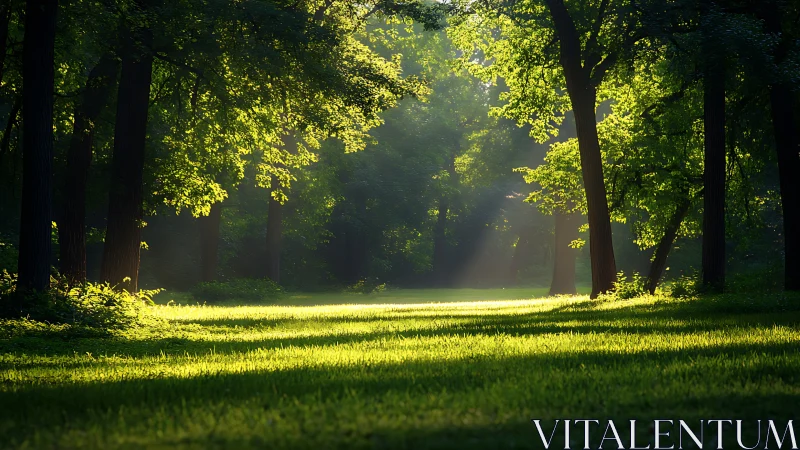 Sunlit Forest Clearing with Lush Greenery in Early Morning Light.