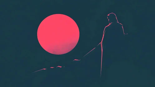 Cloaked wanderer under neon moonlight’s quiet orbit.