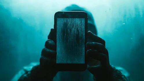 Backlit gloved hands present wet smartphone against teal haze