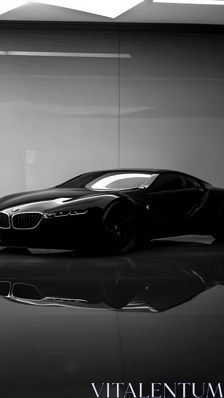 Black BMW concept coupe in reflective studio environment.
