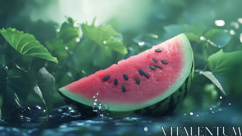 Watermelon slice resting in dewy green garden setting.