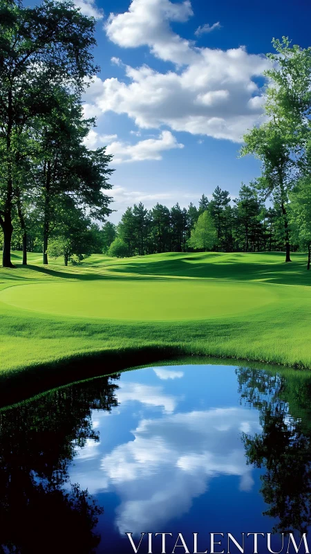 Mirror-still pond crowns a sunlit golf green in summer hush