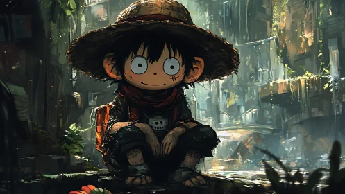 Straw hat child explorer in lush rainy urban ruin environment