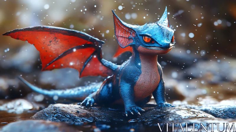 Sprightly blue hatchling dragon basks in glittering river spray.