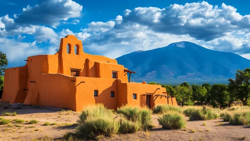 Adobe-style desert dwelling with mountain backdrop under clouds.