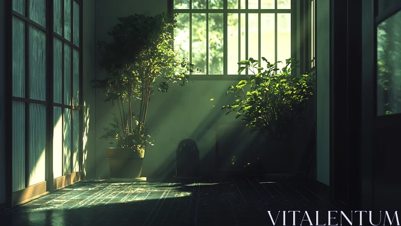 Sunlit interior corridor with potted plants and window grid.