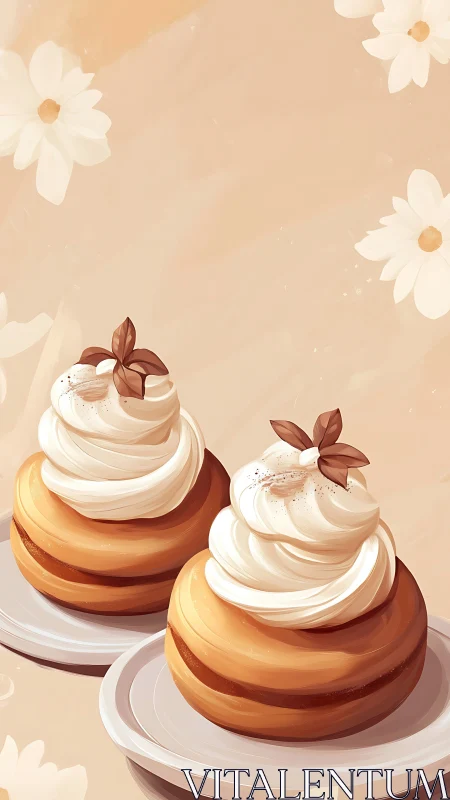 Cream-topped pastries on plates with soft floral backdrop.