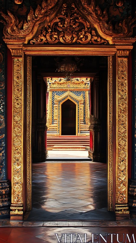 Recursive gilded temple portals in axial architectural alignment.