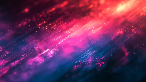 Chromatic particle streaks traverse a neon magenta-blue gradient