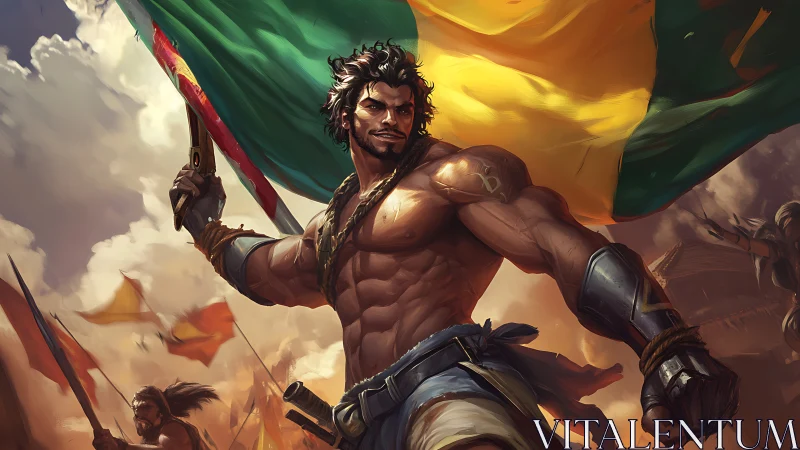 Storm-chested rebel hoists a blazing banner above battle