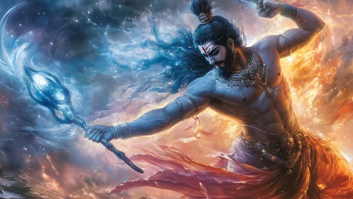 Mythic warrior channeling celestial fire and storm energy.