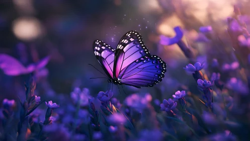 Purple butterfly over glowing violet meadow at sunset.
