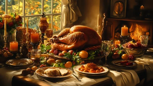 Golden holiday turkey surrounded by cozy candlelit feast.
