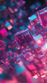 Volumetric neon glass cubes in dynamic depth-of-field array.