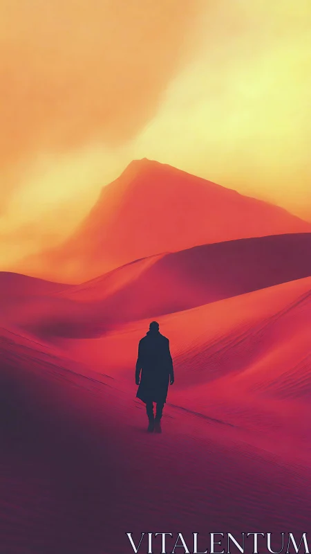 Solitary silhouette crossing neon-lit desert dunes at dusk.