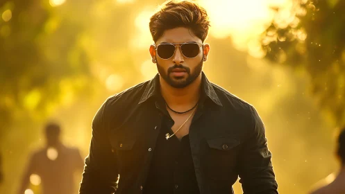 Man in dark shirt walking outdoors in warm backlight.