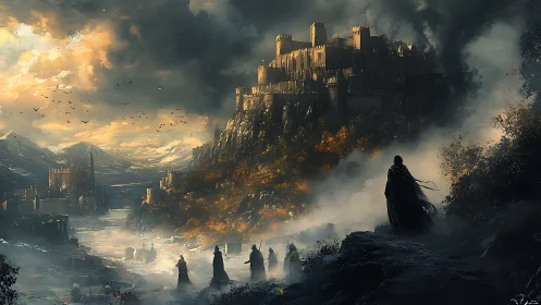 Dark cloaked figures approach fortress on misty mountain plateau.