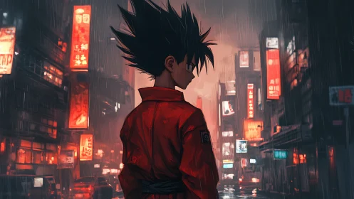 Neon storm drifter in scarlet coat haunts rainy city night.