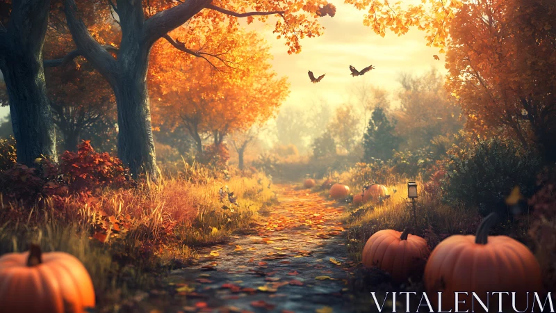 Autumn Forest Path with Pumpkins and Golden Trees.