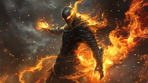 Fiery warrior strides through swirling embers and shadowed storm.