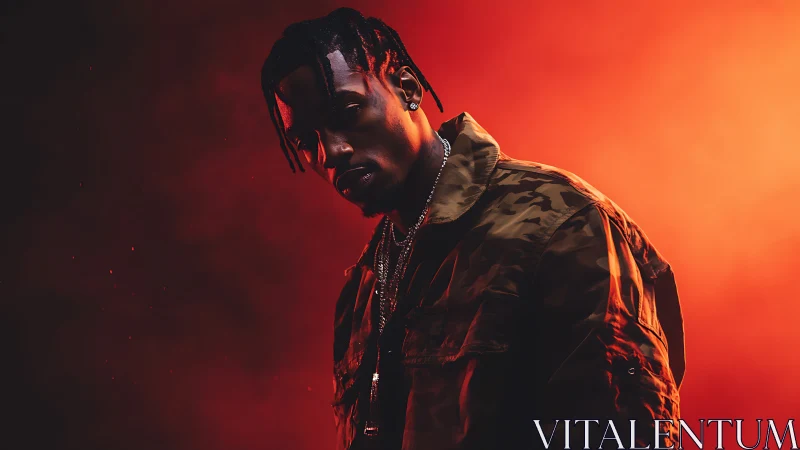 Low key portrait with dramatic red backlight and hard rim lighting