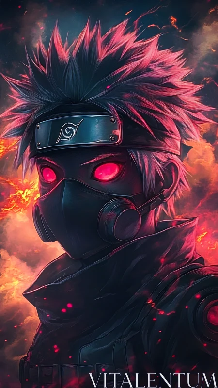 Masked shinobi portrait amid stylized embers and smoke.