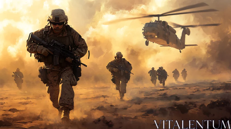 Dust storm descent as soldiers sprint beneath roaring rotors.
