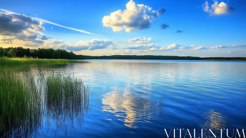 Soft blue lake evening with drifting clouds and quiet reeds.