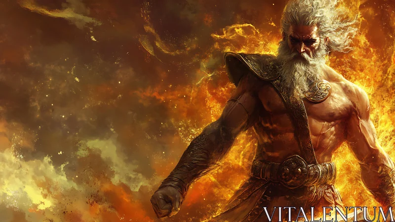 Storm-forged war god strides through a roaring solar inferno