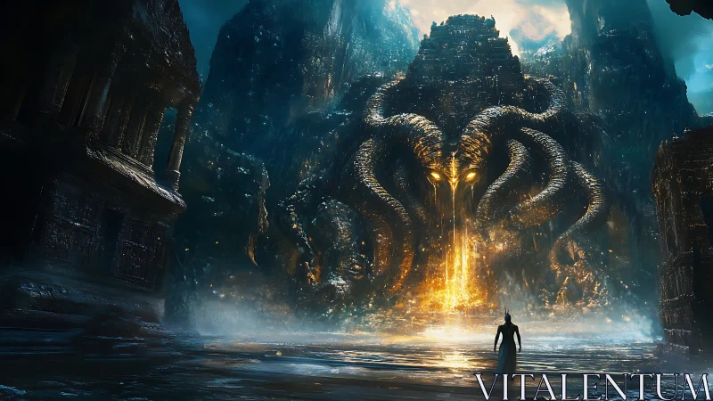 Mythic basalt citadel with molten tentacled colossus facade.