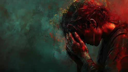 Person holding head in hands against dark abstract background