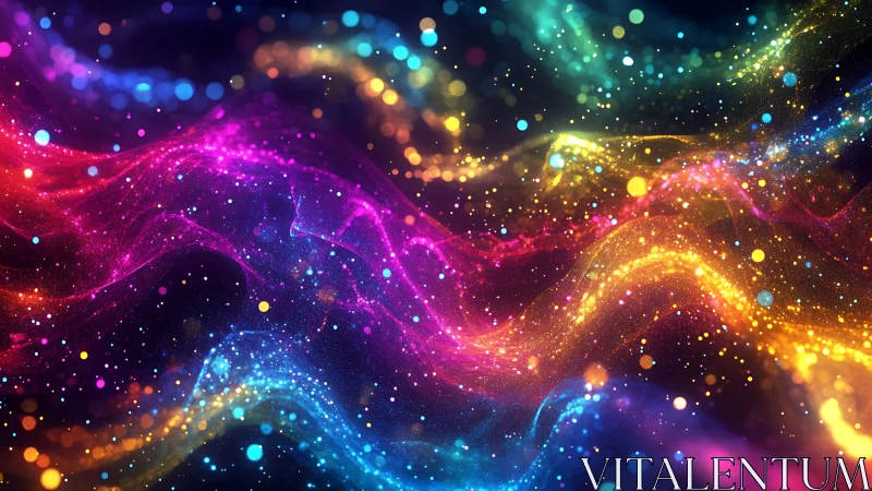 Prismatic stardust rivers swirl through a neon cosmic night.