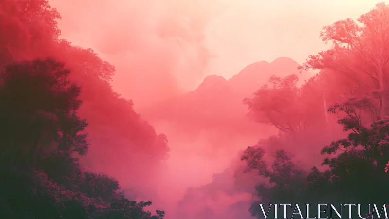 Mist-Shrouded Mountain Valley Bathed in Magenta Atmospheric Haze