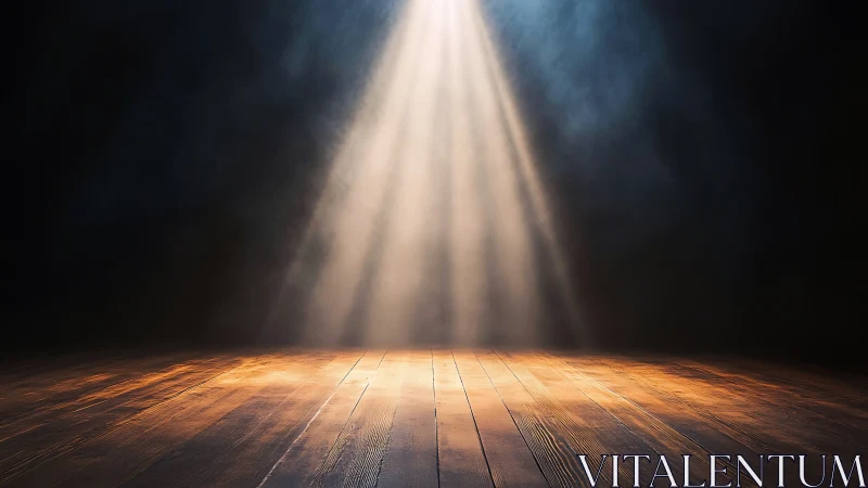 Empty wooden stage waits patiently beneath molten spotlight