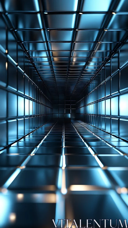 Metallic grid tunnel with linear perspective and blue light.