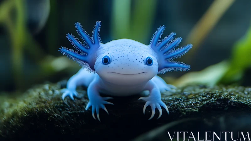 Blue axolotl dreamling with crown of feathery gills.