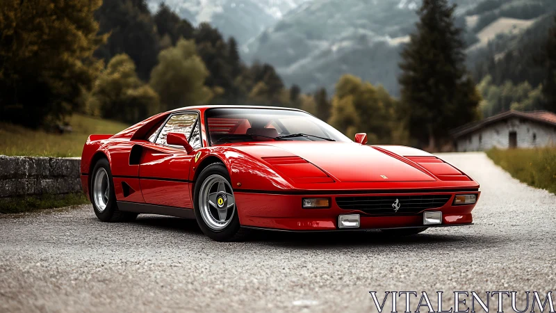 Red Ferrari sports car on mountain road in soft daylight.