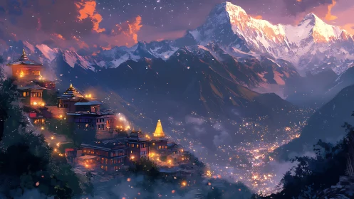Mountain village glows beneath starlit, snowcapped peaks at dusk.