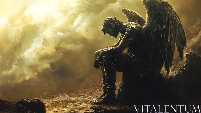 Winged male figure sits on rock under dense golden clouds