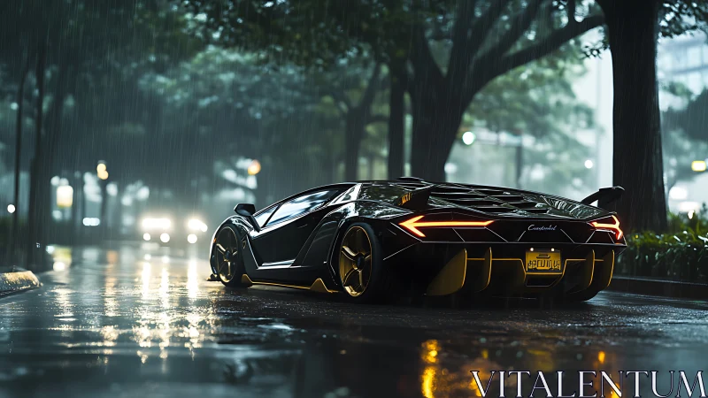 Sleek hypercar idling on rain-soaked city boulevard at dusk.